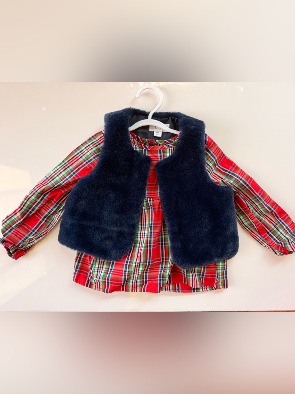 crown & ivy Girls Navy Faux Fur Vest with Red Plaid Shirt Set